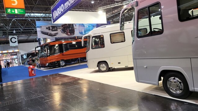 DUESSELDORF, NRW, GERMANY - SEPTEMBER 01, 2022:
Motorhomes and campers for sale or rent at an exhibition. Concept freedom, family vacation trip, holiday trip with camper.