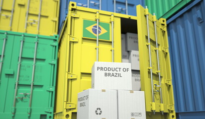 Boxes with goods from Brazil and cargo containers. National economy related conceptual 3D rendering
