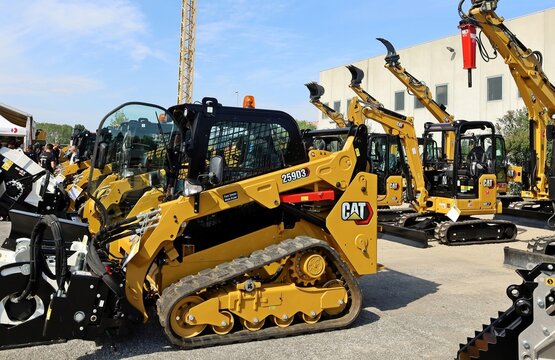 Pavia di Udine, Italy. September 3, 2022. Brand new Caterpillar mini bulldozer on exhibition outside the official dealer.
