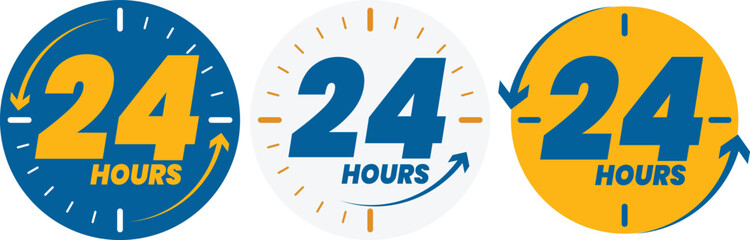 24 hours icon. 24 hour logo. Twenty four hour sign. Around the clock or 24 hours a day. blue and gold Vector illustration