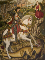 San Jorge y el dragon.(1468-1470) Pere Niçard. Óleo y temple sobre tabla.Museo diocesano (Museu diocesà).Centro historico.Palma.Mallorca.Baleares.España.