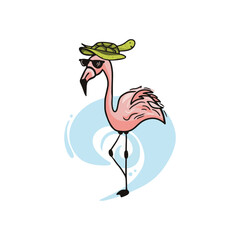 Fun Cartoon Illustration of a Flamingo with a Turtle Hat at the Beach