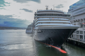 Holland America HAL cruiseship cruise ship liner Noordam departing port of Vancouver, Canada for Alaska cruise