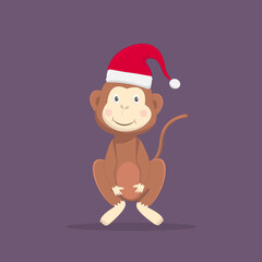 Cute monkey wearing christmas hat character vector illustration