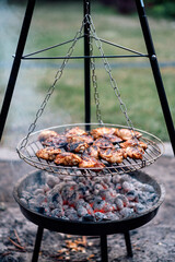 Grilled Chicken Thighs on charcoal grill outdoors. BBQ Chicken. Frilling bone-in chicken legs, thighs