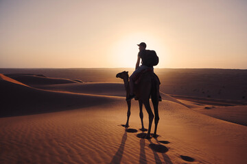 Camel riding in desert at golden sunset. Man enjoying journey on sand dunes. Wahiba Sands in...