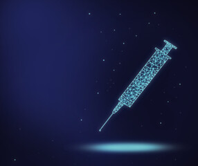 Blue neon syringe on dark space background with space for text. Polygonal linear syringe on a black and blue background with copy space. Vaccination, insulin, medicine