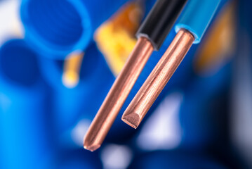 Stripped copper electrical power cables wire in electrical installation