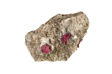 A sample of a natural mineral red Corundum (oxide class) crystalline α -aluminum oxide, crystals with albite rim in micite. Museum Mineral Series. Mineralogical sample on white