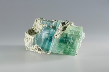 Brucite (hydroxide class) mineral magnesium hydroxide, fused green blue crystals. Museum Mineral Series. Mineralogical sample