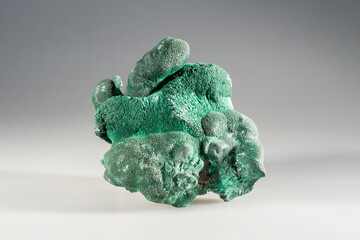 Green malachite (carbonate class) copper carbonate crust layered spherolites with needle crystals. Museum Mineral Series. Mineralogical sample