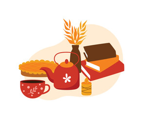 Cozy Fall Vector Illustration, Tea, pie, books and candle autumn setting