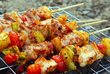 delicious bbq kebab grilling on open grill, outdoor kitchen. food festival in city. tasty food roasting on skewers, food-court. summer picnic.
