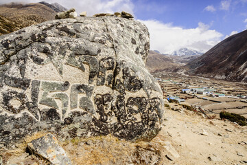 Pidra Mani pintada.Dingboche. Imja Khola.Sagarmatha National Park, Khumbu Himal, Nepal, Asia.