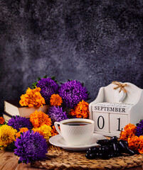 The first of September, the beginning of autumn, a day in the calendar. Autumn composition with...