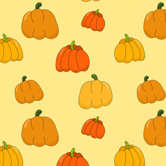 Seamless vector pattern, pumpkins on yellow background, wallpaper, print, fall, Halloween