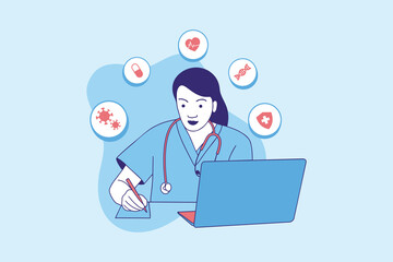 Illustrations of Beautiful female doctor online for telemedicine design concept