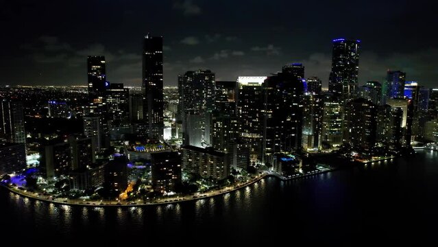 Night cityscape Miami Florida United States. Night aerial landscape of stunning buildings and traffic at landmark avenue. Night scape Miami Florida. Night city Miami United States. 