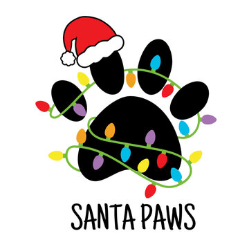 Santa Paws. Christmas tree in shape of a dog's paw with christmas lights. Merry  Christmas. Paws prints dog. Love dogs. Vector illustration. Isolated on white background.