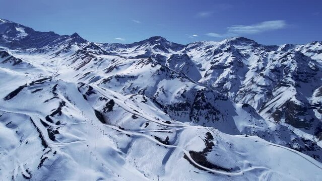 Panoramic view of Ski station centre resort at snowy Andes Mountains near Santiago Chile. Snow mountain landscape. Nevada mountains. Winter travel destination. Winter tourism travel.
