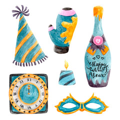 Naklejka premium New Year set of watercolor elements.Christmas party cap,mitten,candle,clock,mask and bottle of champagne.