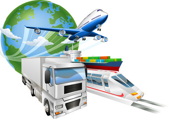 Global logistics concept airplane truck train ship