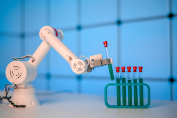 Robot take a test tube with a liquid from Test tube rack in a scientific laboratory
