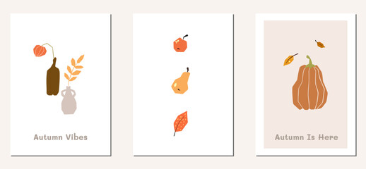 Welcome fall season thanksgiving invitation. Minimalist postcard nature leaves, trees, pumpkins, abstract shapes. Autumn mood greeting card poster template. Vector illustration in flat cartoon style