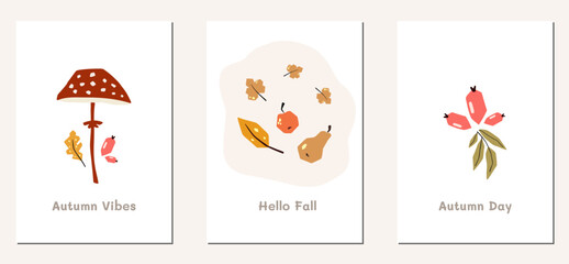 Fototapeta premium Autumn mood greeting card poster template. Welcome fall season thanksgiving invitation. Minimalist postcard nature leaves, trees, pumpkins, abstract shapes. Vector illustration in flat cartoon style