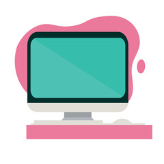 Flat design computer with keyboard and mouse on pink screen Vector.
