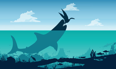 Silhouette of megalodon on the hunt. Prehistoric underwater world. Extinct sharks. Vector illustration.