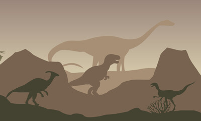 Prehistoric planets. Landscape with dinosaurs. Vector illustration.