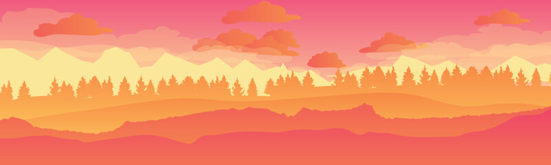 landscape with high mountains and forest in several layers in the evening vector illustration. flat design.