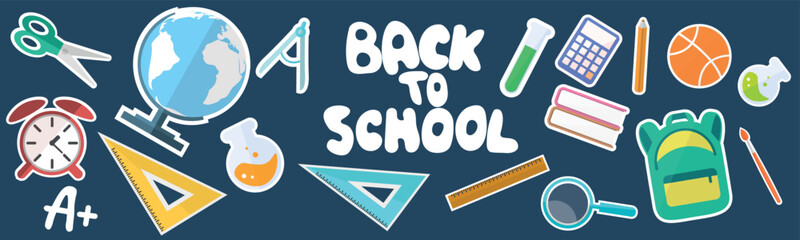 back to school abstract background concept stickers flat icons. Panorama. Vector illustration