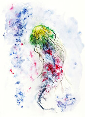 Jellyfish in seawater, watercolor drawing.