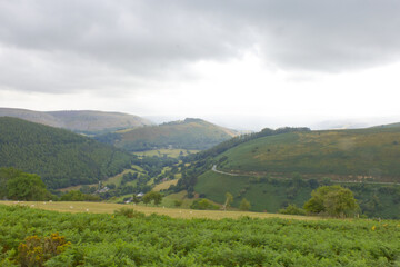 Fototapeta na wymiar Green hills on an overcast stormy day with grey clouds