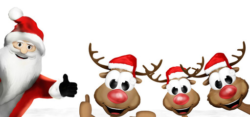 Three deers and the Santa Claus with a smile, a pom-pom hat and thumbs up looking forward, some snow on the ground, isolated 3d-illustration