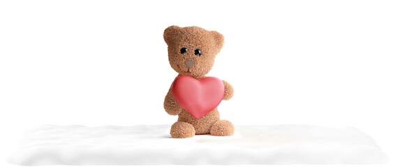 teddy bear with a heart in his hands and snow on the ground, isolated 3d-illustration