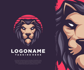 lion head illustration, mascot logo design.