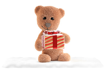 teddy bear with a christmas presents Lightly snow-covered as well as snow on the ground, isolated 3d-illustration