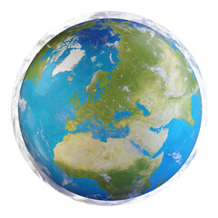 the planet earth, a globe with clouds as visible atmosphere, centre is Europe 3d-illustration