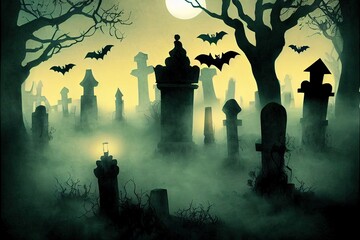 Halloween spooky background outside scene. Scary graveyard in creepy forest in october dark night autumn gloomy creepy graves with fog, castle and bats. Happy Halloween outdoor backdrop concept.