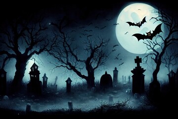 Halloween spooky background outside scene. Scary graveyard in creepy forest in october dark night autumn gloomy creepy graves with fog, castle and bats. Happy Halloween outdoor backdrop concept.