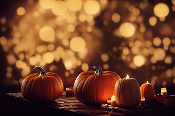 Halloween pumpkins background. Scary creepy october dark night gloomy scene with many pumpkins on autumn leaves table and bokeh blurry candle lights. Happy Halloween fantasy backdrop. Illustration