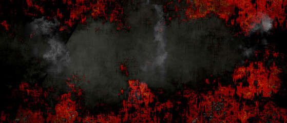 Abstract dark red vignette apocalyptic scene background, mysterious power dangerous backdrop with burn mist moment effect and gothic black central empty part. Halloween texture background