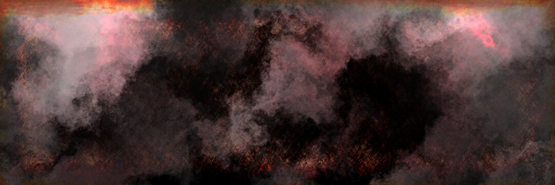 Distress paint dark grey red black distressed messy vignette. Dirty splattered design with sky surreal goth or creepy mystery element. Ideal to create grungy background texture	