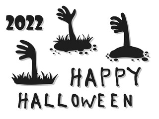 Halloween 2022 - October 31. A traditional holiday. Trick or treat. Vector illustration in hand-drawn doodle style. Set of silhouettes of dead man s hands.