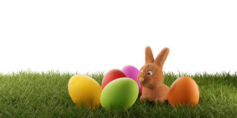 a shy Easter bunny and colored Easter eggs in high grass, green blades, meadow or lawn as garden 3d-illustration
