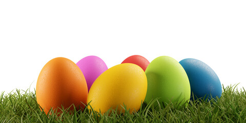 Fototapeta na wymiar colored Easter eggs in high grass, green blades, meadow or lawn as garden 3d-illustration