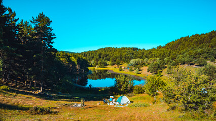 Fototapeta na wymiar camping in Karagol Geosite, Black Lake, Kizilcahamam, Ankara, Turkey